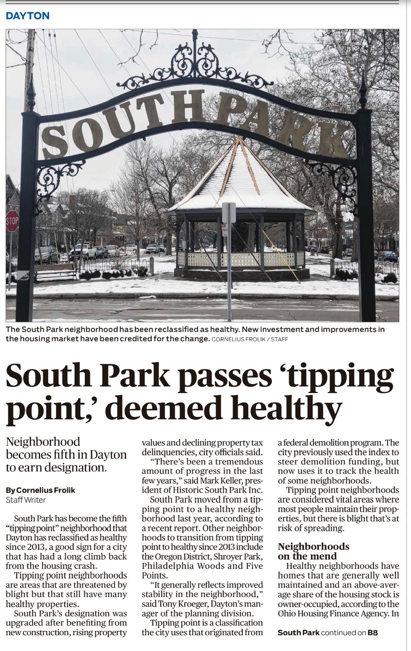 Article about South Park being deemed a healthy neighborhood by the City of Dayton